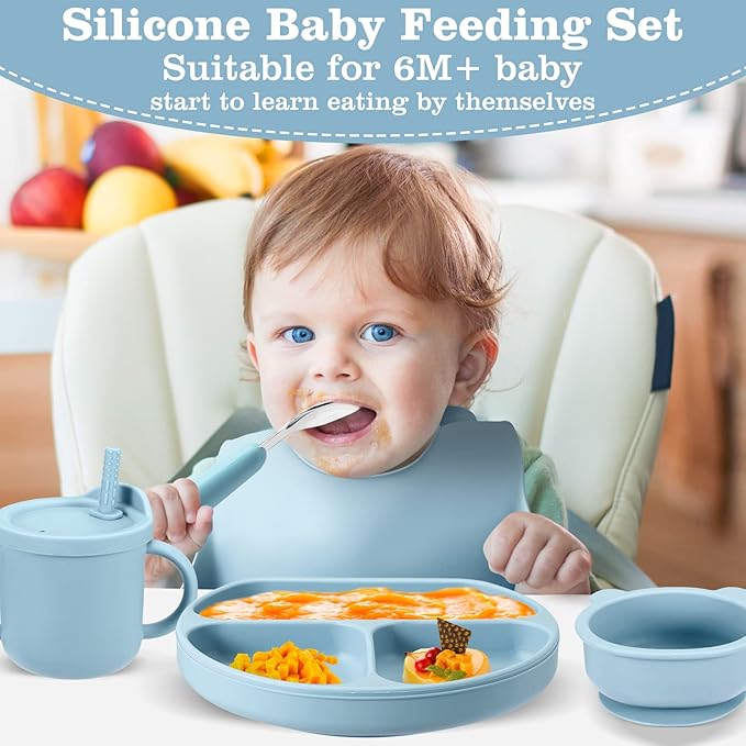 Silicone Baby Feeding Set, Baby Led Weaning Supplies with Suction Bowl Divided Plate, Toddler Self Feeding Dish Set with Spoons Forks Sippy Cup Adjustable Bib, Eating Utensils for 6+ Months(Blue)