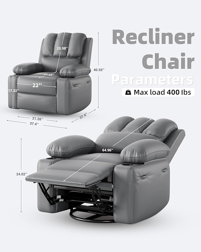 22'' Leather Recliner Chair for Adults, Overstuffed Manual Recliner Chair, Single Sofa with Cup Holder and Side Pockets, Upholstered Chair for Living Rooms, Gray
