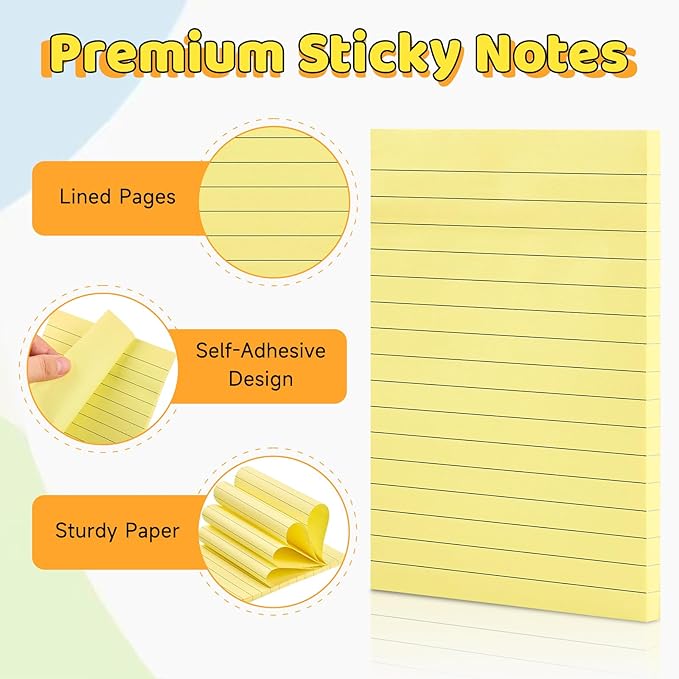 9 Pack Lined Sticky Notes 4x6 in Post, 9 Bright Colors Sticky Notes with Lines, Self-Stick Note Pads, Large Ruled Memo Pads for Office Home School Supplies, 40 Sheets/Pad