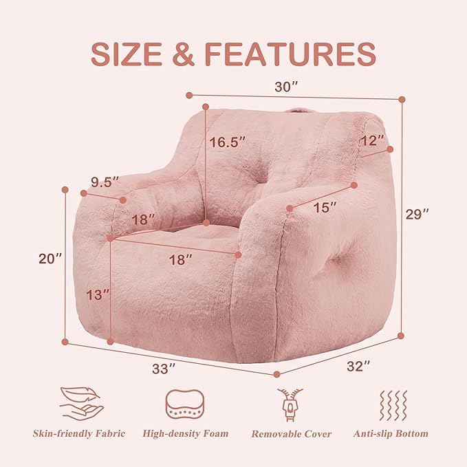 Bean Bag Sofa Chairs for Adults Comfy Bean Bag Sofa Fluffy Beanbag Chair Plush Chair Big Bubble Foam Sofa with Filler with Armrest for Apartment, Dorm, Living Room, Bedroom (Pink)