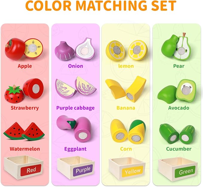 30 Pcs Wooden Play Food Sets for Kids Kitchen Accessories, Velcro Fruit and Veggies for Toddlers, Velcro Fruit Cutting Toys for Kids, Color Sorting Play Food Set, Play Food for Toddlers 1-3