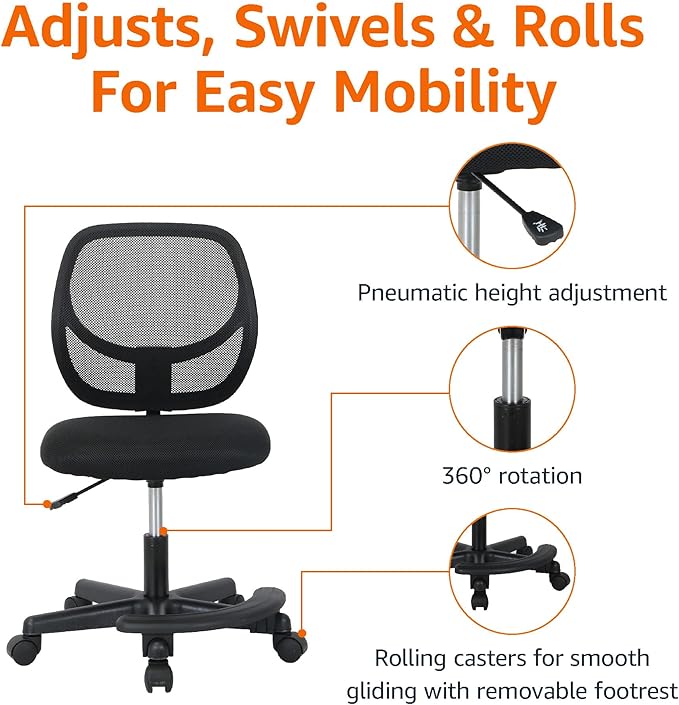 Amazon Basics Kids Adjustable Mesh Low-Back Swivel Study Desk Chair with Footrest, Black