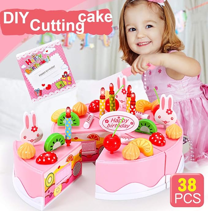 38 PCS DIY Cutting Birthday Party Cake Toy Pretend Play Kitchen Food Toys Set,DIY Fruit Cutting Kitchen Toys Pink/Blue Cut Cake Toys for Girls Boys Gift (38PCS Pink)