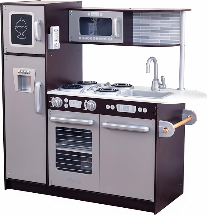 KidKraft Uptown Espresso Wooden Play Kitchen with Play Phone, Chalkboard & Towel Rack, Espresso