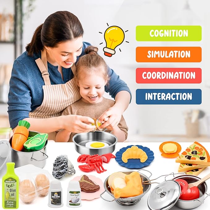 Kids Pretend Play Kitchen Accessories Set, 38Pcs Stainless Steel Play Pots Pans Sets for Kids, Toy Cookware Cooking Utensils Play Food Dish Toddler Kitchen Playset Gifts for Boys Girls