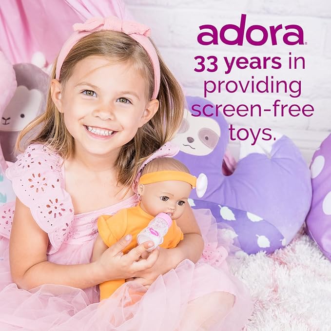 Adora Nurture Time Babies Collection, 13" Baby Doll and Clothes Set with 3 Touch Activated Features Includes Removable Cloud Patterned Outfit, Doll Bottle, Birthday Gift For Ages 1+ - Sweet Orange