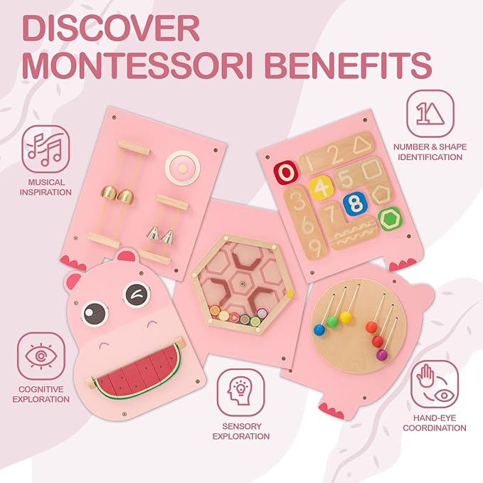 Monläurd® Hippo Montessori Educational Activity Cube, Sensory Wall Toys for Daycare and Playroom Furniture, Interactive Wooden Learning Toys for Boys and Girls 6M+