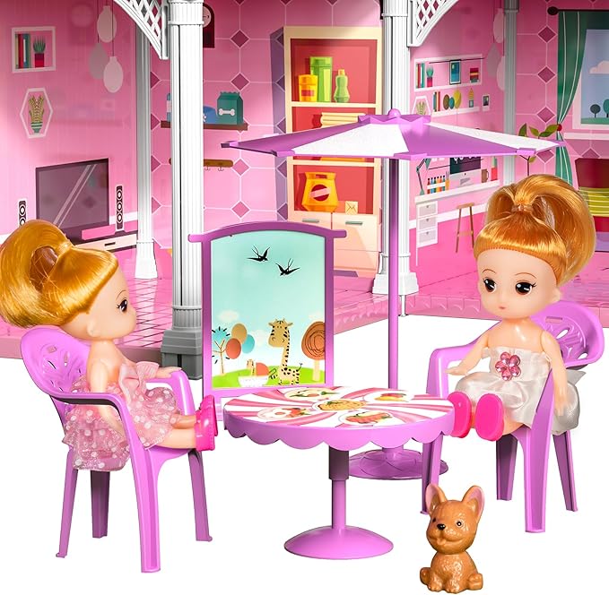 TEMI Villa Toys for 3 4 5 6 7 8 Years Old Girls - 3 Storeys 8 Rooms, Indoor Playset with 2 Dolls Toy Figures, Toys Furniture and Accessories, Pretend Girls Plays, Building Toys, Gifts Toy