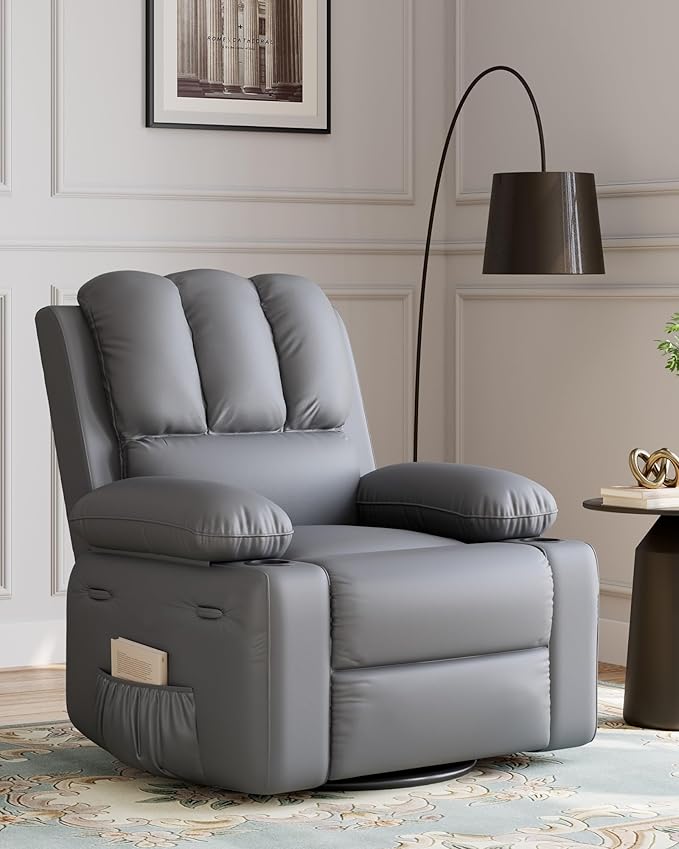 27'' Leather Recliner Chair Oversized, Overstuffed Manual Recliner Chair, Single Sofa for Adults, with Cup Holder and Side Pockets, for Living Rooms, Max Weight 400 lbs, Gray