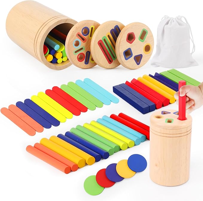 3-in-1 Montessori Wooden Toys for Toddlers 1-3 | Color Sorting & Fine Motor Skills Learning | Sensory Fidget Gifts for Boys & Girls | Educational Play for Ages 1+