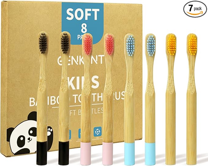 GENKENT 8 Counts Kids Bamboo Toothbrushes BPA Free Soft Bristles Travel Tooth Brush Natural Charcoal Toothbrush