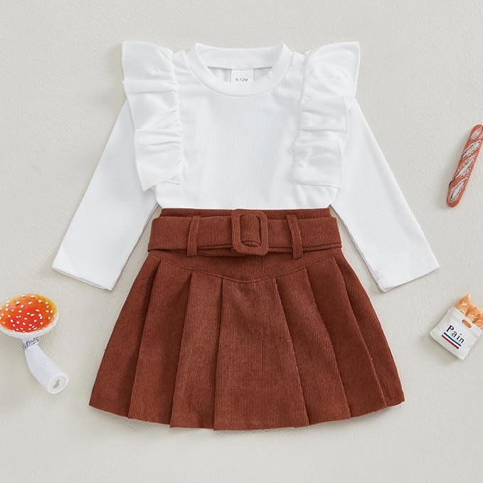 Fernvia Toddler Baby Girl Fall Winter Skirt Set Turtleneck Ribbed Long Sleeve T-Shirt Top & Plaid Skirts Dress 2Pcs Outfits