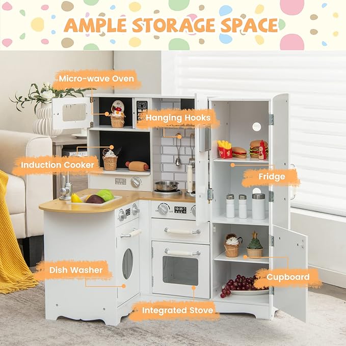 Kids Corner Play Kitchen, Wooden Toy Kitchen Set with Lights & Sounds, Pretend Play Kitchen for Kids with Kitchen Accessories,11-in-1 Toddler Kitchen Gifts for Ages 3+