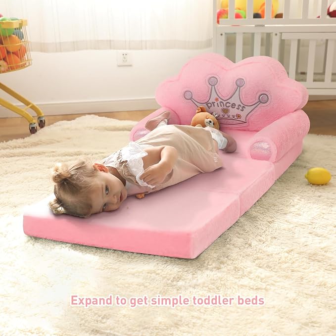 MOONBEEKI Toddler Chair Comfy，Foldable Princess Kids Couch for Girl, Toddler Recliners for Kids Over 18 Months, Kids Sofa Bed Fold Out (Pink)