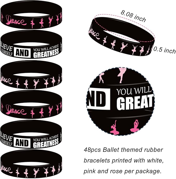 48 Pieces Ballet Party Wristbands Rubber Bracelets - Ballet Dance Birthday Party Favors Supplies Decorations Girl Party Goodie Bag Favor Stuffer Stretchable Silicone Wristband
