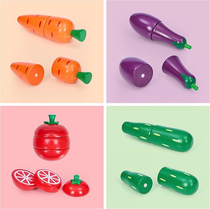 Wooden Play Food Sets for Kids Kitchen Accessories, Realistic Wood Cutting Fruits and Vegetables Toys for 3- Year Old Toddlers, Mini Pretend Play Gifts for 3 -6 Years Girls Boys
