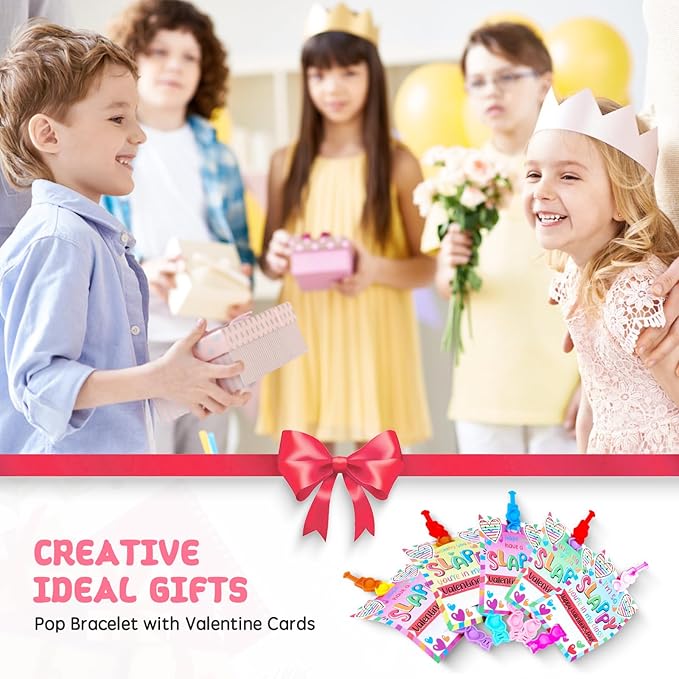 24 Packs Valentine Day Party Favors Kids, Heart Pop Fidget Toys Bulk Bracelets Cards for Kids School Classroom Prizes, Valentine's School Class Exchange Cards and Kids Party Favors