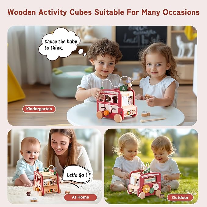 Wooden Activity Cube 8-in-1 Montessori Toys | Multifunctional Early Educational Learning Toys | Activity Cube for Baby Shape Sorter Xylophone Animal Travel Bus Toys Boy Girl Birthday Gift（Red Bus）
