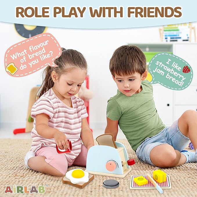 Airlab Play Kitchen Accessories Toddlers 1-3 Wooden Pop-up Toaster Toy Play Food Kids Age 1 2 3, Bread, Butter, Poached Egg Cutting Pretend Toys for 2-4 Year Old Toddlers Boys Girls