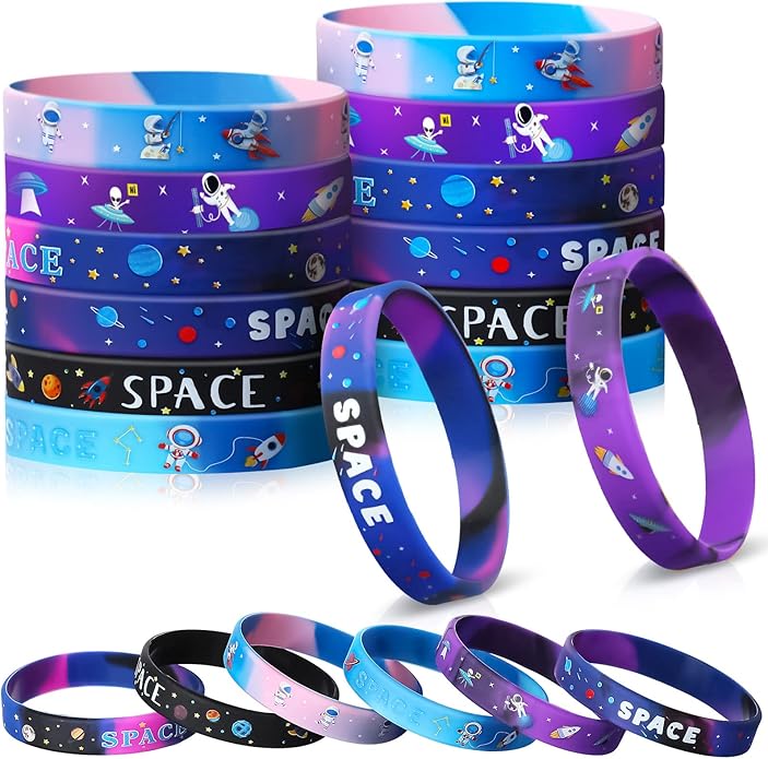Aoriher Outer Space Party Favors Space Bracelets, Galaxy Star Astronaut Bracelets Rubber Silicone Wristbands, Alien Astronaut Toys Space Party Favors for Kids Space Birthday Themed Party
