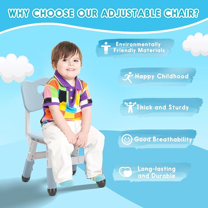 Kids Chair Height Adjustable Toddler Chair Max Load 220LBS Plastic Indoor Outdoor Chair for Children Age 1-6 School Home Daycare Use Bluegrey