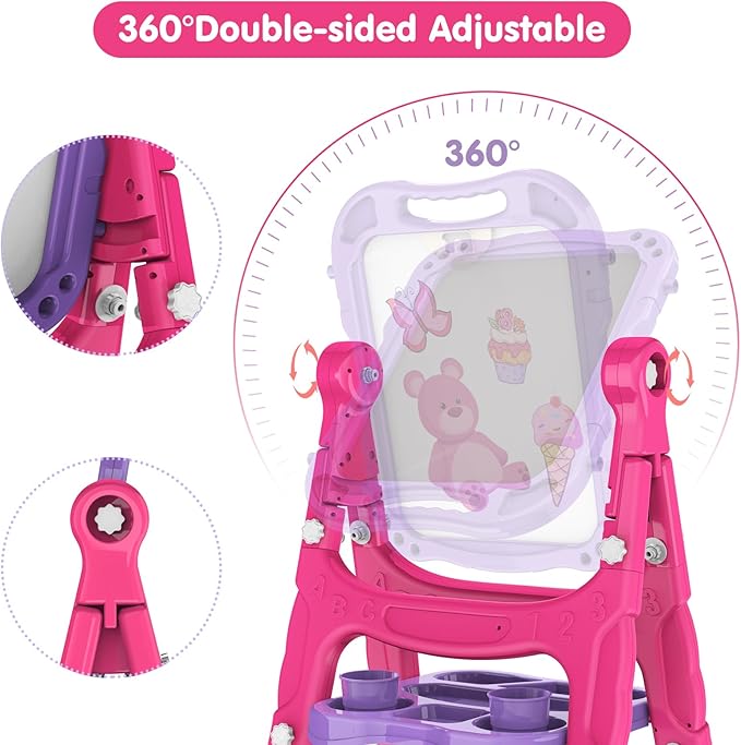 Amagoing Easel for Kids, Adjustable Standing Art Easel for Toddler, Double Drawing Board with Painting Accessories, Birthday Christmas Gift for Little Boys and Girls, Middle Size Purple