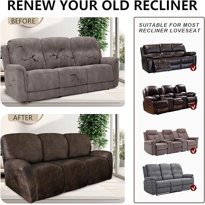 Leather Look Recliner Couch Cover 8-Piece Recliner Sofa Slipcovers 3 Seater for Reclining Couches Furniture Protector Spandex Fabric Washable (Recliner Sofa, Brown)