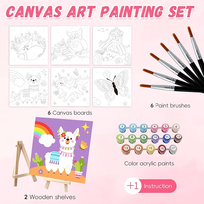 Kids Paint by Number Kits Including 6 Pre-Drawn Canvas for Painting, 6 Brushes 17 Paints and 2 Easels, Perfect Art Painting Kit for Kids, Arts and Crafts Painting for Kids Ages 8-12