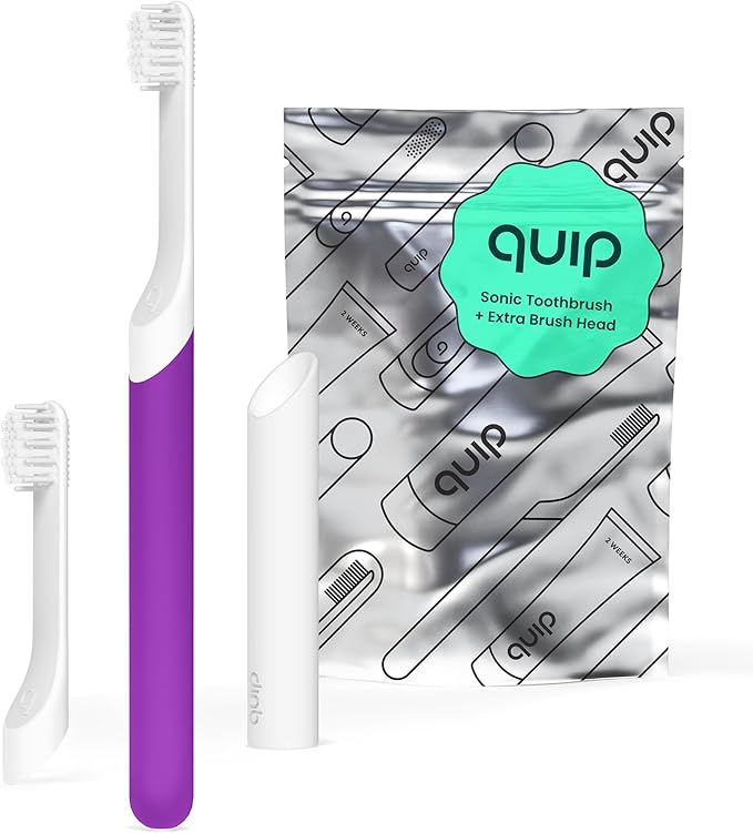 Quip Sonic Toothbrush for Kids with Timer - Includes Extra Brush Head and Travel Cover Mount - Electric, Soft Bristle Refill Head, Rubber Handle, 3 Month Battery Life - Travel Toothbrush - Purple