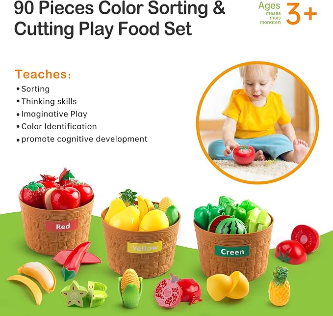 90Pcs Kitchen Playset Accessories, Pretend Cooking with Pots, Pans, Cookware, Food, Fruit, Veges, Color Sorting Baskets, Prop Money, Learning Gift for Girls Boys Toddlers (Blue)