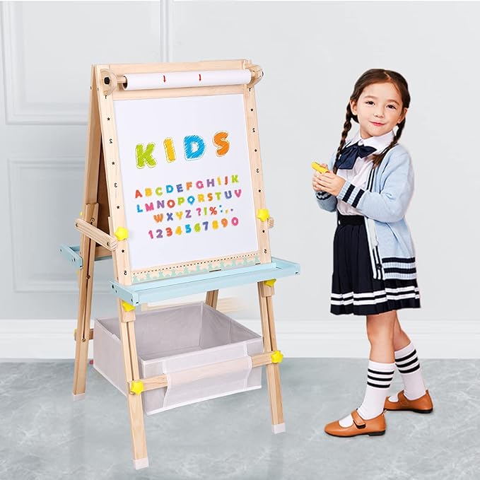 Kids Easel with Paper Roll Double-Sided Whiteboard & Chalkboard Standing Easel with Numbers and Other Accessories for Kids and Toddlers (with Abacus)
