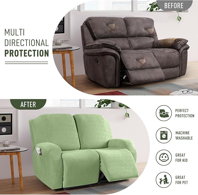 KinCam Recliner Covers, Stretch Reclining Chair Covers, Recliner Sofa Slipcovers Stripe Jacquard Recliner Couch Covers Furniture Protector Covers for Pet Kid (2 Seater, Light Green)