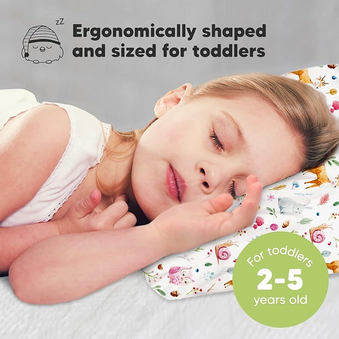 Toddler Pillow with Pillowcase - 13x18 My Little Dreamy Pillow, Organic Cotton Toddler Pillows for Sleeping, Kids Pillow, Travel Pillows, Mini Pillow, Nursery Pillow, Toddler Bed Pillow (Forestland)