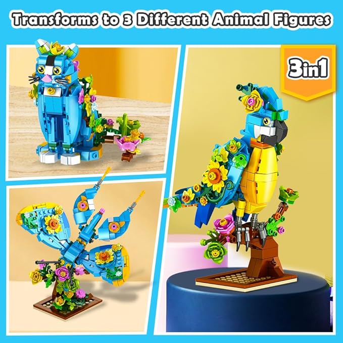 3 in 1 Flower Cat Parrot Butterfly Building Set, Animal Figures Building Toy for Home Office Art Decor, 412 PCS Building Block Gift for Kids Boys Girls Ages 6 7 8 9 10 11 12+ Adults