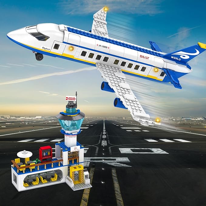 886 Pcs City Airport Passenger Terminal Building Set, 6 IN 1 Airplane Building Blocks Toy, STEM Aircraft Bricks with Shuttle Bus,Luggage Cart,Planes Model Toys Gifts for Adults Boys Ages 6-12+