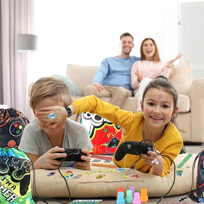 98 Pcs Video Game Party Favors Gifts Set Include Gamer Party Favor Stickers Stamps Keychains Slap Bracelets and Drawstring Bags Party Decorations for Kids Video Game Birthday Party Favors Supplies