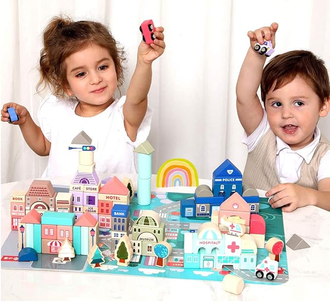 Wooden Building Blocks Set Wood Kids Construction Stacker Stacking Preschool Learning Educational Preschool Toys Kit for Toddler 3+ Year Old Boy and Girl Gifts
