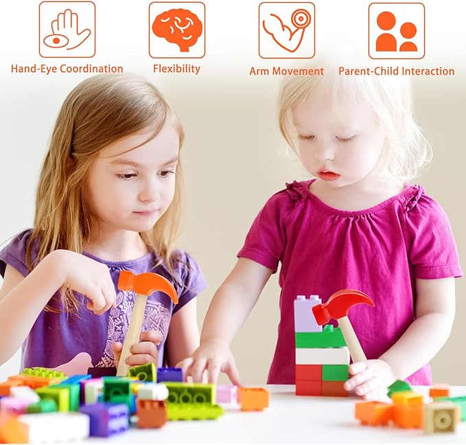 2 Pack Wooden Hammer Toys Simulation Hammers Maintenance Tools Educational Toys for Kids Birthday Party Games Supplies (Red + Orange)