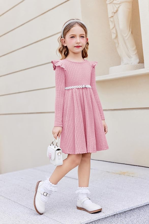 Arshiner Toddler Girl Dress Baby Girls Knitted Ruffle Sleeve Pocket Dresses A-Line Flared Fall Winter Clothes for 2-8 Years