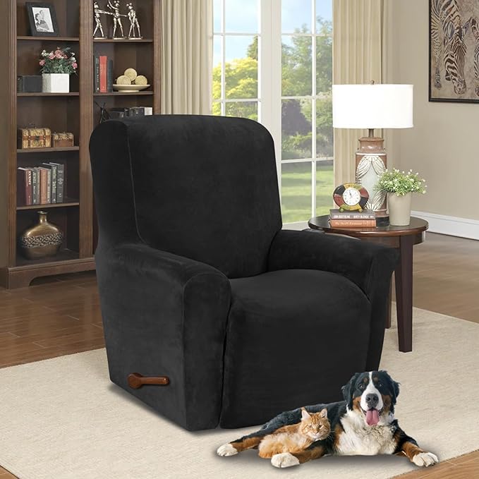 AZON Velvet Stretch Recliner Chair Cover,1-Piece Washable Recliner Couch Cover with Elastic Furniture Protector for Pets, Kids(Recliner, Black)