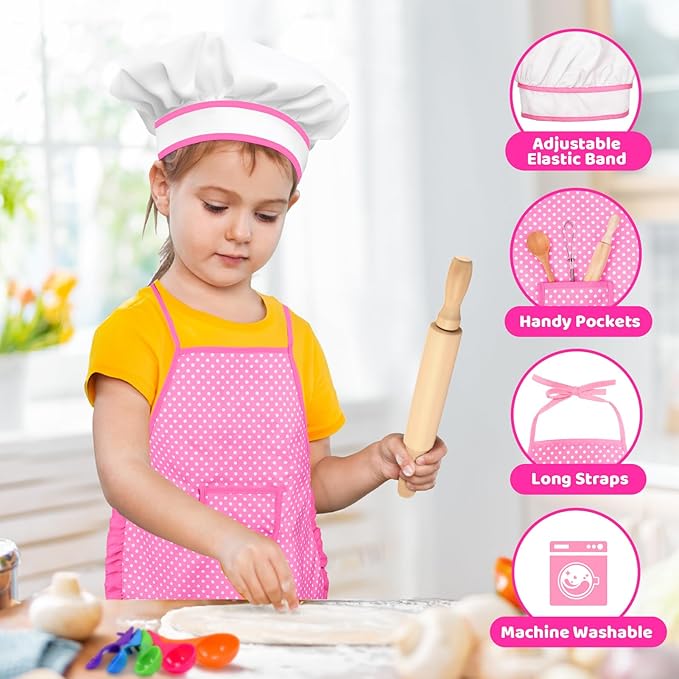 Kids Apron Kitchen Toys 20Pcs: Educational Toys Cooking Baking Set with Cookbook, Kids Chef Hat Role Play Dress up Clothes, Ideal Easter Birthday Toys Gift for 3-8 Year Old Girl Toddlers