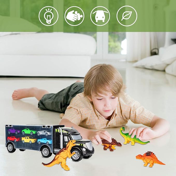 Aokesi Car Toys Transport Carrier Truck Dinosaur Toys for 3-12 Years Old Boys and Girls (Includes 6 Dinosaurs and 6 Mini Car)
