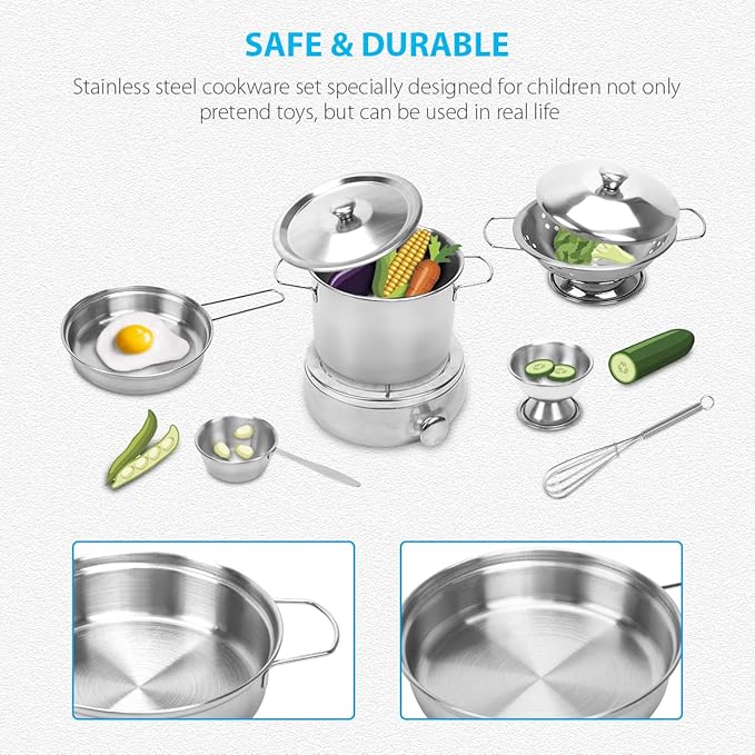 Kids Kitchen Pretend Play Toys, Cooking Toys Play Pots and Pans Set for Kids, 21pcs Small Stainless Steel Kitchen Cookware Kits Toys, Cookware Playset for Girls, Boys