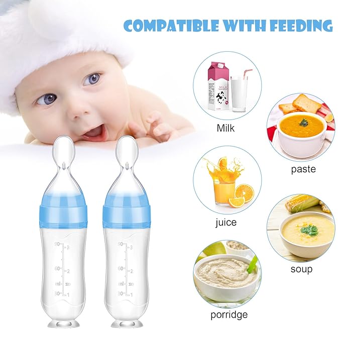 Nuanchu Baby Food Feeder Silicone Squeeze Feeding Spoon Toddler Food Feeder Dispensing Spoon Suction Cup Design Feeder (Blue)