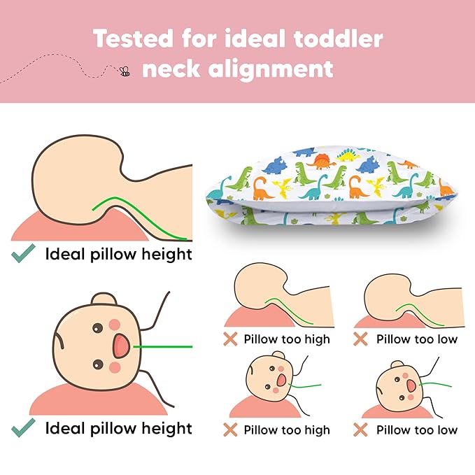 Toddler Pillow with Pillowcase - 13x18 My Little Dreamy Pillow, Organic Cotton Toddler Pillows for Sleeping, Kids Pillow, Travel Pillows, Mini Pillow, Nursery Pillow, Toddler Bed Pillow (Happy Dino)