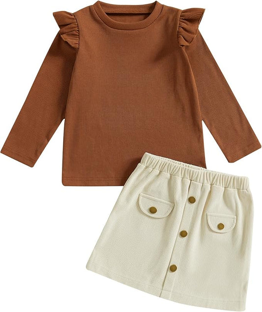 Fernvia Toddler Baby Girl Fall Winter Skirt Set Turtleneck Ribbed Long Sleeve T-Shirt Top & Plaid Skirts Dress 2Pcs Outfits