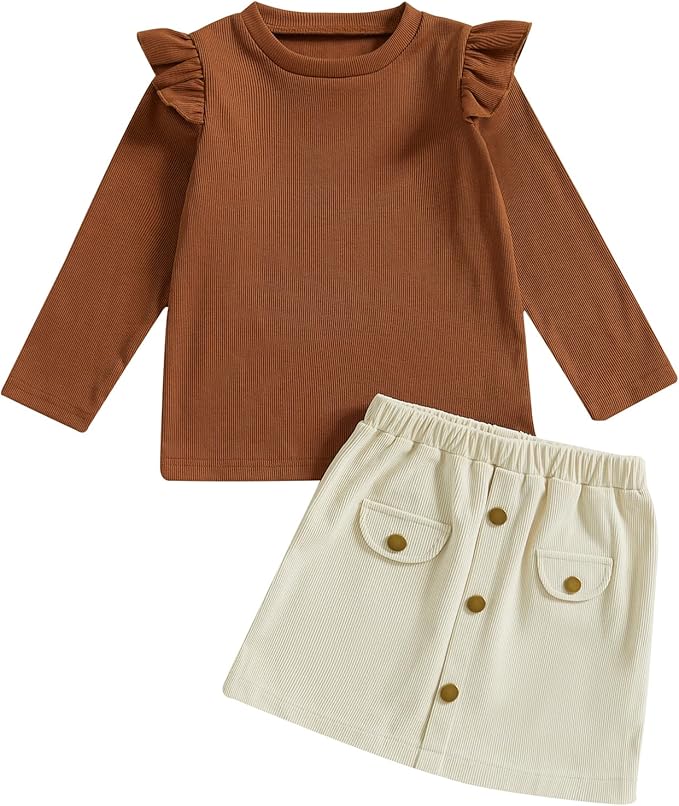 Fernvia Toddler Baby Girl Fall Winter Skirt Set Turtleneck Ribbed Long Sleeve T-Shirt Top & Plaid Skirts Dress 2Pcs Outfits