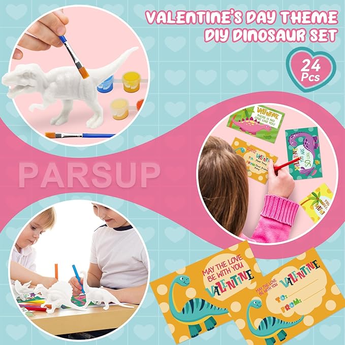 24PCS Valentines Day Cards for Kids with Dinosaur Painting Kit for Kids, Valentines Greeting Cards for School Classroom Exchange Gifts, Happy Valentines Day Arts and Crafts Party Favor Supplies