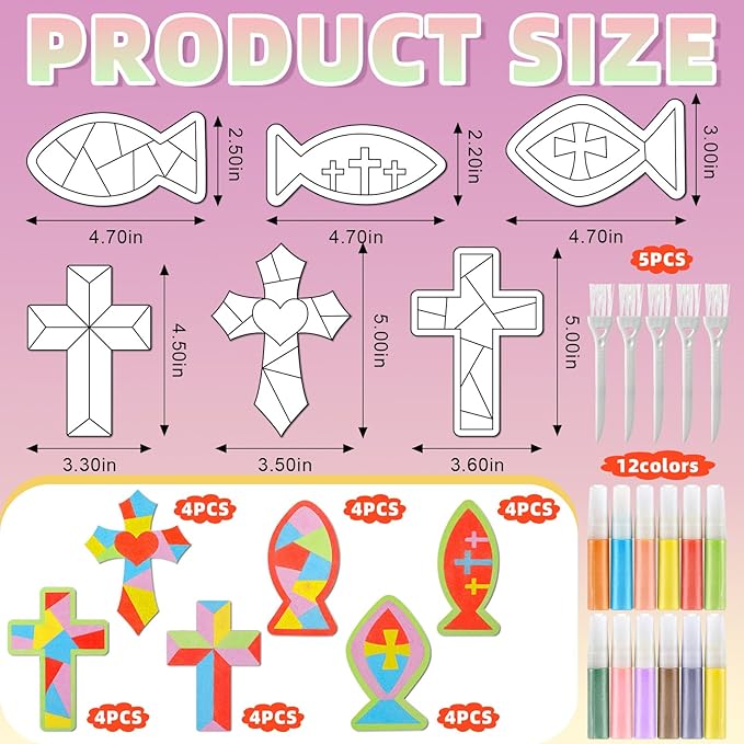 24 Sets Religious Sand Art Craft Kit for Kids Christian Crosses Fish Painting Kit with Colored Sand Brushes Create Your Own First Communion Sand Art for Sunday School Fun Home Activities