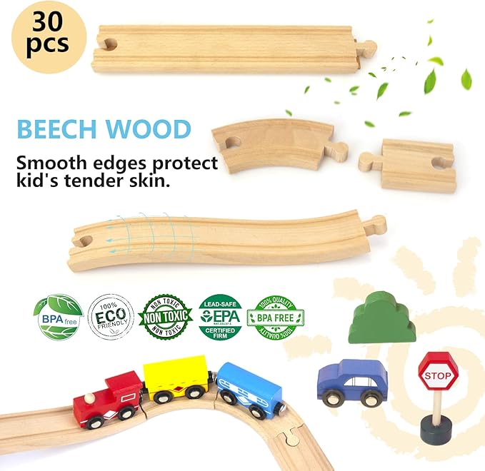 Wooden Train Track 30 Piece Set, Train Track Expansion Compatible with All Major Railroad Brands Including Thomas Wooden Train, Brio, Thomas The Tank Engine